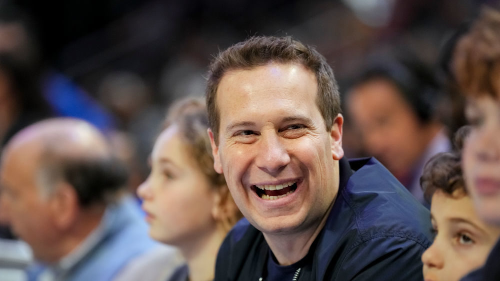 Incoming Phoenix Suns owner Mat Ishbia laughs during the game between the Detroit Pistons and Phoen...