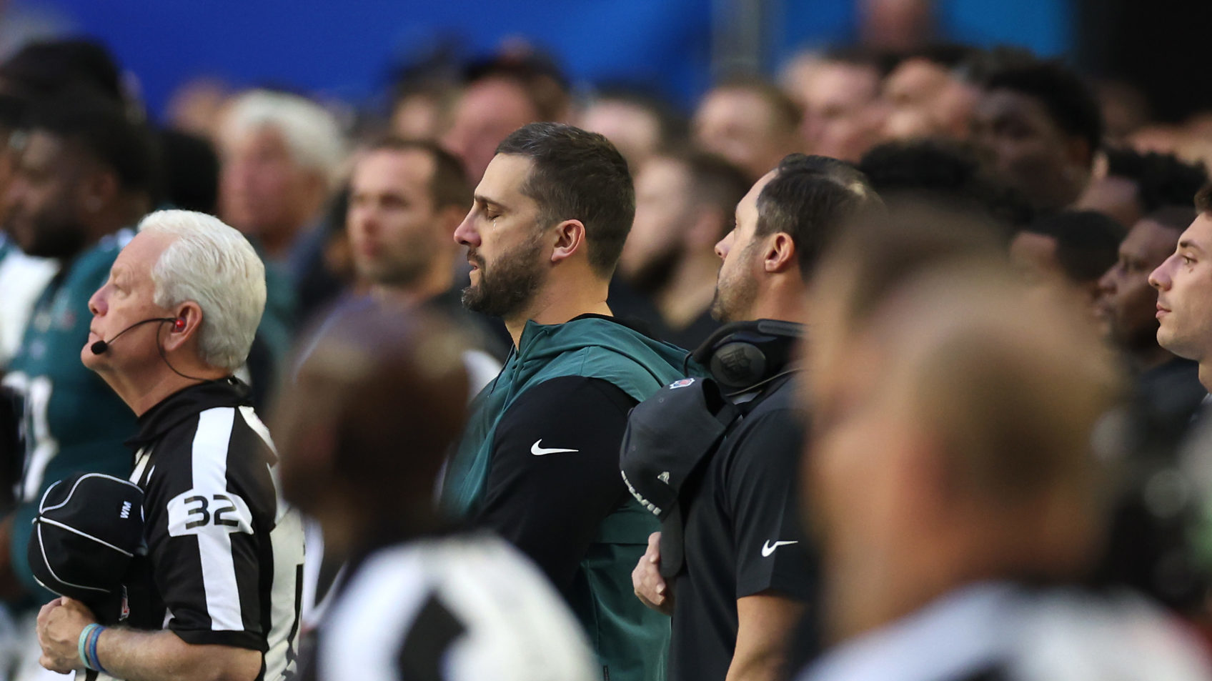 Head Coach Nick Sirianni of the Philadelphia Eagles looks on during the national anthem prior to pl...
