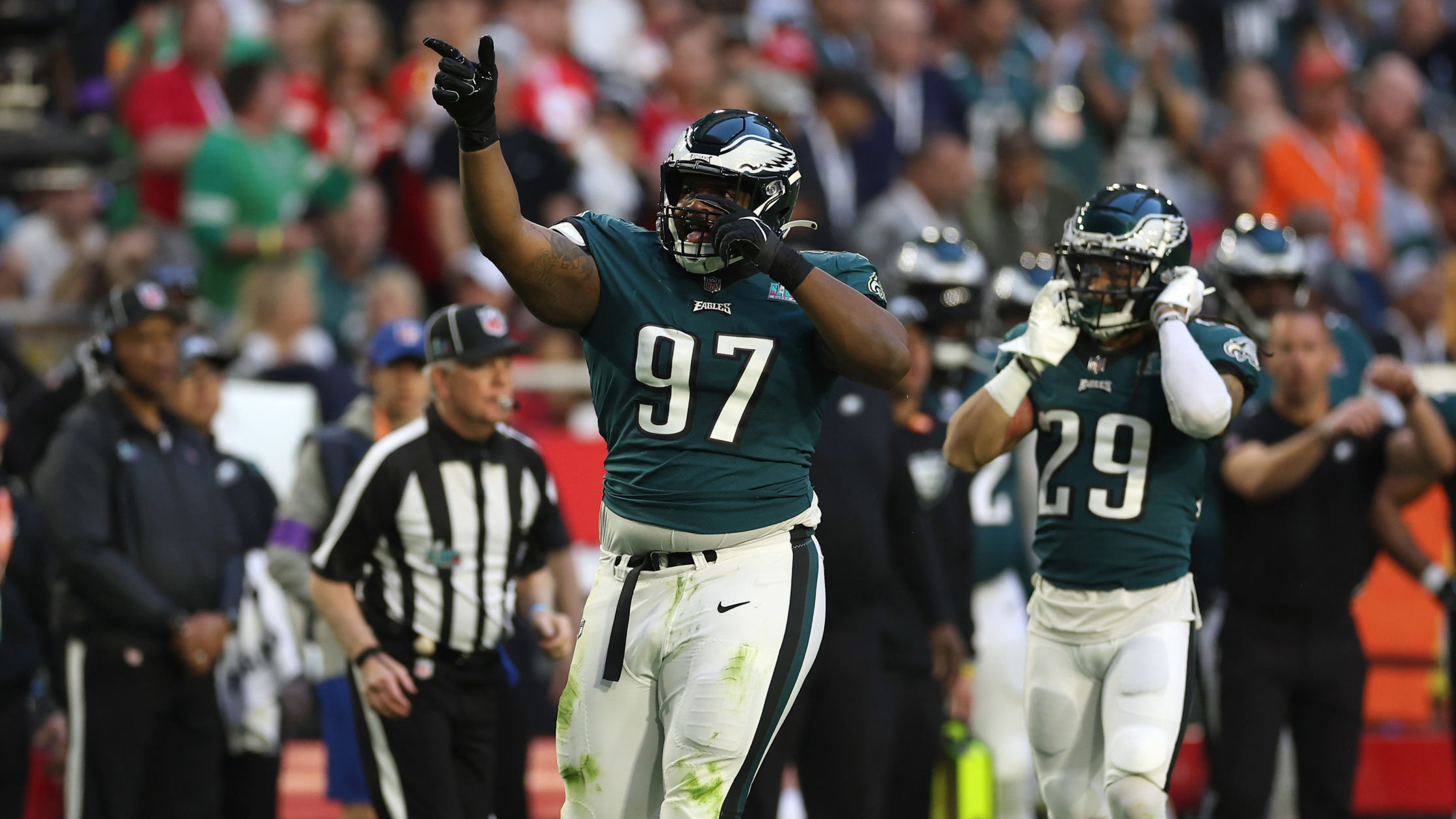 Javon Hargrave #97 of the Philadelphia Eagles reacts after a play against the Kansas City Chiefs du...