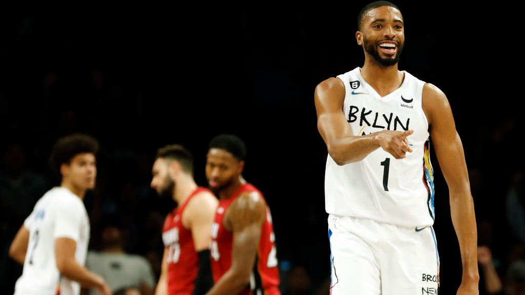 Mikal Bridges #1 of the Brooklyn Nets reacts after scoring during the second half against the Miami...