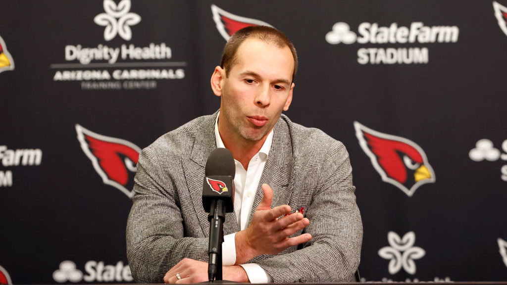 New Arizona Cardinals head coach Jonathan Gannon answers a question from the media during a press c...