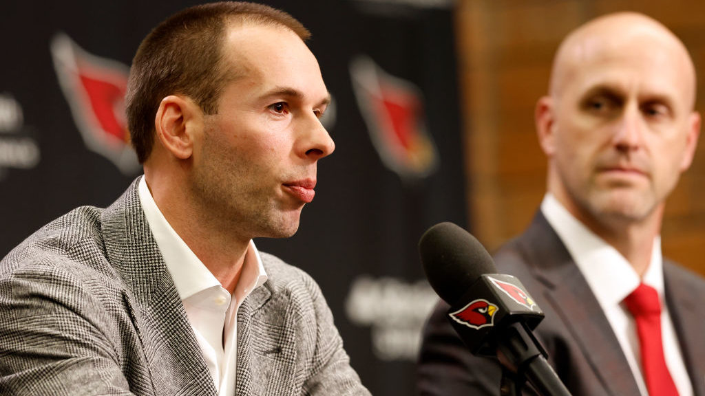 New Arizona Cardinals head coach Jonathan Gannon answers a question from the media during a press c...