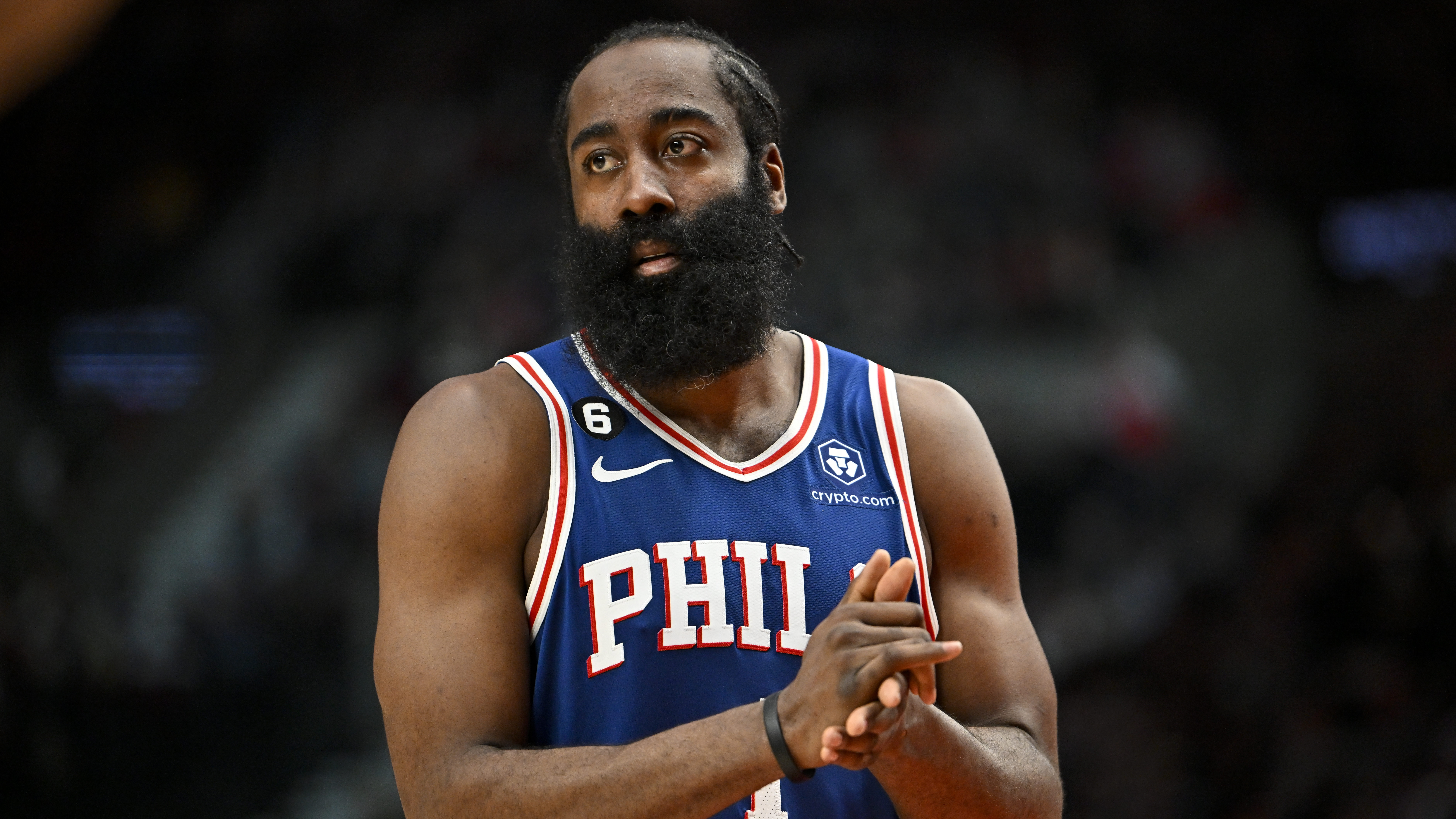 James Harden #1 of the Philadelphia 76ers looks on during the second quarter against the Portland T...