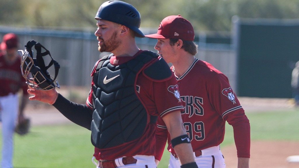 Arizona Diamondbacks catcher Carson Kelly and pitcher Dray Jameson on the first full-squad day of s...