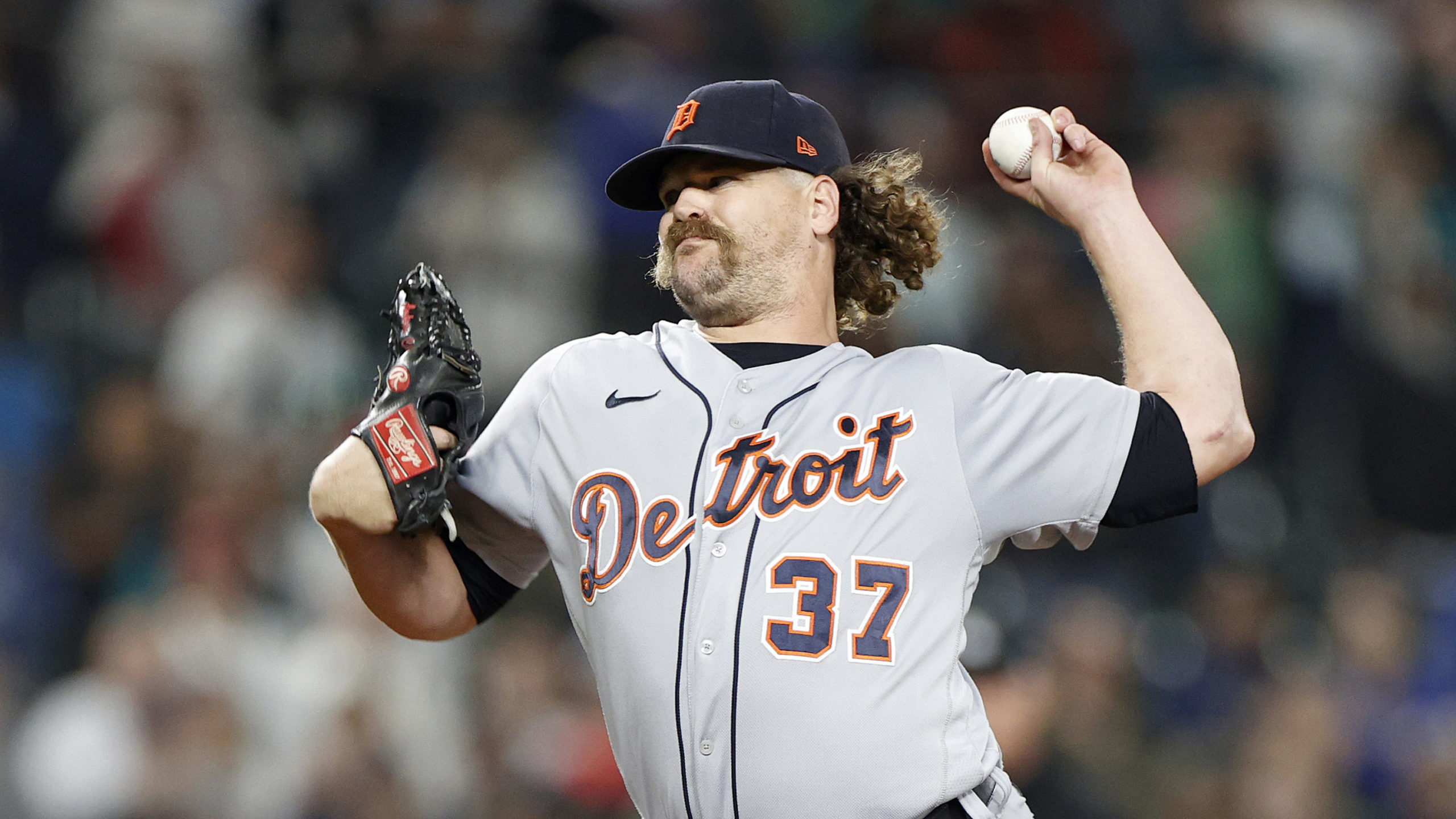 SEATTLE, WASHINGTON - OCTOBER 03: Andrew Chafin #37 of the Detroit Tigers pitches during the ninth ...