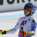 
              United States' Mikaela Shiffrin reacts at the finish area of an alpine ski, women's World Championships super G, in Meribel, France, Wednesday, Feb. 8, 2023. (AP Photo/Marco Trovati)
            
