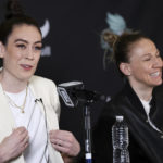 New York Liberty forward Breanna Stewart, left, and guard Courtney Vandersloot participate in a WNBA basketball news conference, Thursday, Feb. 9, 2023, in New York. (AP Photo/Jessie Alcheh)