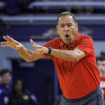 Houston coach Kelvin Sampson shouts during the first half of the team's NCAA college basketball game against East Carolina in Greenville, N.C., Saturday, Feb. 25, 2023. (AP Photo/Ben McKeown)