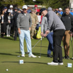 
              Buster Posey competes in the putting challenge event of the AT&T Pebble Beach Pro-Am golf tournament in Pebble Beach, Calif., Wednesday, Feb. 1, 2023. (AP Photo/Eric Risberg)
            