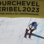 
              United States' Mikaela Shiffrin crosses the finish line to take gold in an alpine ski World Championships giant slalom, in Meribel, France, Thursday, Feb. 16, 2023. (AP Photo/Gabriele Facciotti)
            