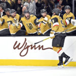 Vegas Golden Knights center Jack Eichel (9) celebrates after scoring against the Calgary Flames during the second period of an NHL hockey game Thursday, Feb. 23, 2023, in Las Vegas. (AP Photo/David Becker)