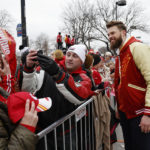 
              Kansas City Chiefs place kicker Harrison Butker meets with fans during the NFL team's victory celebration and parade in Kansas City, Mo., Wednesday, Feb. 15, 2023, following the Chiefs' win over the Philadelphia Eagles Sunday in the NFL Super Bowl 57 football game. (AP Photo/Colin E. Braley)
            