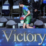 Brazil's Hugo Calderano walks after a WTT tournament table tennis match, Sunday, Feb. 12, 2023, in Kawasaki, near Tokyo. Calderano is No. 5 in the sport's ranking, he reached No. 3 a year ago, and he's defeated many of the top Chinese including No. 1 Fan Zhendong. (AP Photo/Eugene Hoshiko)