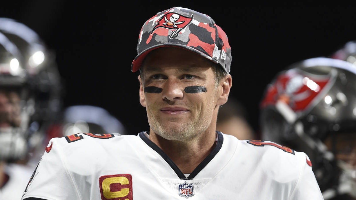 Tampa Bay Buccaneers quarterback Tom Brady (12) smiles during warmups before an NFL football game, ...