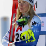 
              United States' Mikaela Shiffrin looks on from the podium after taking second place in an alpine ski, women's World Championships super G, in Meribel, France, Wednesday, Feb. 8, 2023. (AP Photo/Alessandro Trovati)
            