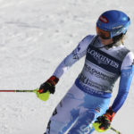 United States' Mikaela Shiffrin reacts after failing to complete the slalom portion of an alpine ski, women's World Championship combined race, in Meribel, France, Monday, Feb. 6, 2023. (AP Photo/Marco Trovati)