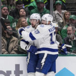 Tampa Bay Lightning's Anthony Cirelli (71) and Alex Killorn (17) celebrate after Cirelli scored in the second period of an NHL hockey game against the Dallas Stars, Saturday, Feb. 11, 2023, in Dallas. (AP Photo/Tony Gutierrez)