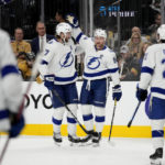 Tampa Bay Lightning center Steven Stamkos (91) celebrates after scoring against the Vegas Golden Knights during the first period of an NHL hockey game Saturday, Feb. 18, 2023, in Las Vegas. (AP Photo/John Locher)