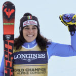 
              Italy's Federica Brignone celebrates winning an alpine ski, women's World Championship combined race, in Meribel, France, Monday, Feb. 6, 2023. (AP Photo/Marco Trovati)
            