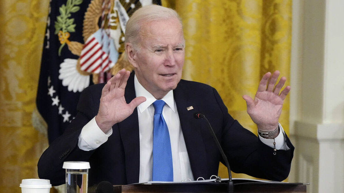 President Joe Biden speaks during a meeting with the National Governors Association in the East Roo...