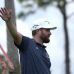 
              Chris Kirk gestures after hitting from the 18th tee during the second round of the Honda Classic golf tournament, Friday, Feb. 24, 2023, in Palm Beach Gardens, Fla. (AP Photo/Lynne Sladky)
            