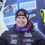 France's Alexis Pinturault smiles after completing the slalom portion of an alpine ski, men's World Championship combined race, in Courchevel, France, Tuesday, Feb. 7, 2023. (AP Photo/Marco Trovati)