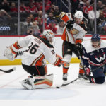 
              Washington Capitals left wing Alex Ovechkin, right, attempts but is unable to score a goal past Anaheim Ducks goaltender John Gibson, left, and defenseman Dmitry Kulikov in the third period of an NHL hockey game, Thursday, Feb. 23, 2023, in Washington. Anaheim won 4-2. (AP Photo/Patrick Semansky)
            