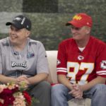 
              In this image provided by NBC News’ TODAY, Philadelphia Eagles fan Billy Welsh and Kansas City Chiefs fan John Gladwell sit together during a broadcast of the show, Wednesday, Feb. 8, 2023, in New York. The two former Marines bonded by a kidney donation and their love of football are now headed to the Super Bowl. Gladwell donated a kidney to Welsh two years ago after Welsh was diagnosed with polycystic kidney disease. (Nathan Congleton/NBC News’ TODAY via AP)
            