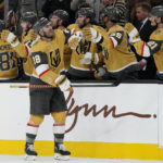 
              Vegas Golden Knights left wing William Carrier (28) celebrates after scoring against the San Jose Sharks during the third period of an NHL hockey game Thursday, Feb. 16, 2023, in Las Vegas. (AP Photo/John Locher)
            