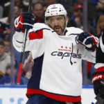
              Washington Capitals left wing Alex Ovechkin (8) celebrates his goal during the second period of an NHL hockey game against the Buffalo Sabres, Sunday, Feb. 26, 2023, in Buffalo, N.Y. (AP Photo/Jeffrey T. Barnes)
            
