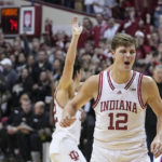 
              Indiana's Miller Kopp (12) reacts after Indiana defeated Purdue in an NCAA college basketball game, Saturday, Feb. 4, 2023, in Bloomington, Ind. (AP Photo/Darron Cummings)
            