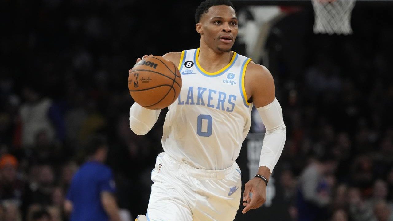 Los Angeles Lakers' Russell Westbrook brings the ball up during the second half of the team's NBA b...