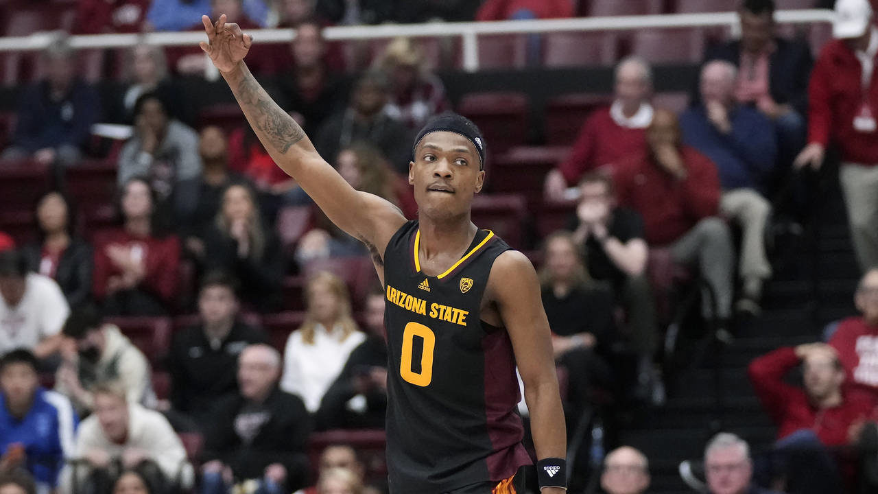 Arizona State guard DJ Horne gestures after making a 3-point basket against Stanford during the sec...