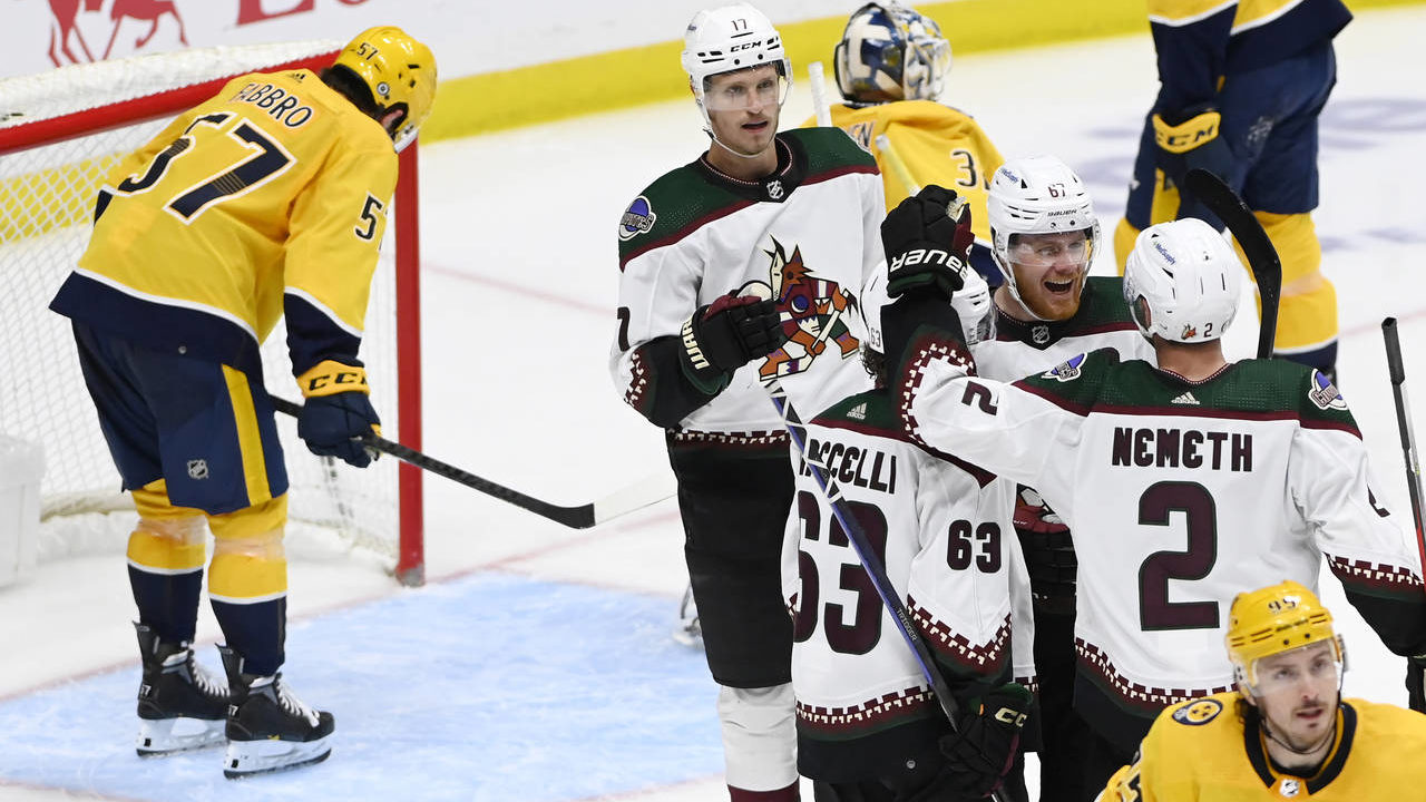 Arizona Coyotes left wing Lawson Crouse (67) celebrates with teammates after his goal during the th...