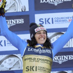 
              Italy's Federica Brignone, winner of an alpine ski, women's World Championship combined race, celebrates on the podium, in Meribel, France, Monday, Feb. 6, 2023. (AP Photo/Marco Trovati)
            