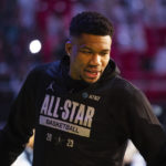 Milwaukee Bucks forward Giannis Antetokounmpo and Eastern Conference All-Star Captain is introduced during the NBA All-Star 2023 basketball practice Saturday, Feb. 18, 2023 at the Huntsman Center in Salt Lake City. (Ryan Sun/The Deseret News via AP)