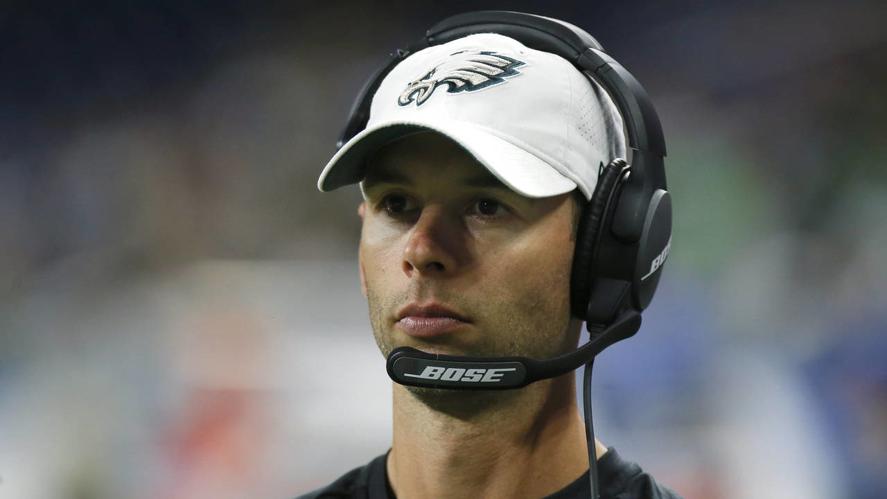 Philadelphia Eagles defensive coordinator Jonathan Gannon watches during the second half of an NFL ...