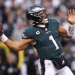 
              FILE - Philadelphia Eagles quarterback Jalen Hurts passes during the first half of the NFC Championship NFL football game between the Philadelphia Eagles and the San Francisco 49ers on Sunday, Jan. 29, 2023, in Philadelphia. The Chiefs and Eagles are bringing MVP finalists Patrick Mahomes and Jalen Hurts to the Super Bowl to cap a season in which the NFL had a glaring amount of instability at quarterback. (AP Photo/Matt Rourke, File)
            