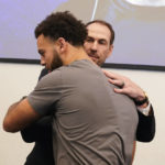 Indianapolis Colts new head coach Shane Steichen hugs wide receiver Michael Pittman following an NFL football news conference, Tuesday, Feb. 14, 2023, in Indianapolis. (AP Photo/Darron Cummings)