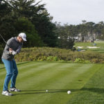 
              Aaron Rodgers hits from the third tee of the Pebble Beach Golf Links during the third round of the AT&T Pebble Beach Pro-Am golf tournament in Pebble Beach, Calif., Saturday, Feb. 4, 2023. (AP Photo/Godofredo A. Vásquez)
            