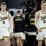 
              Purdue guards Braden Smith, left, and Fletcher Loyer walk on the court during the second half of an NCAA college basketball game against Northwestern in Evanston, Ill., Sunday, Feb. 12, 2023. (AP Photo/Nam Y. Huh)
            
