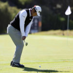 
              Hideki Matsuyama, of Japan, chips onto the 13th green during the pro-am of the Genesis Invitational golf tournament at Riviera Country Club, Wednesday, Feb. 15, 2023, in the Pacific Palisades area of Los Angeles. (AP Photo/Ryan Kang)
            