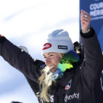 
              United States' Mikaela Shiffrin celebrates taking second place in an alpine ski, women's World Championships super G, in Meribel, France, Wednesday, Feb. 8, 2023. (AP Photo/Alessandro Trovati)
            
