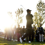 
              Tiger Woods tees off on the fifth hole during the pro-am of the Genesis Invitational golf tournament at Riviera Country Club, Wednesday, Feb. 15, 2023, in the Pacific Palisades area of Los Angeles. (AP Photo/Ryan Kang)
            