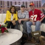 
              In this image provided by NBC News’ TODAY, Philadelphia Eagles fan Billy Welsh, center, and Kansas City Chiefs fan John Gladwell, right, pose with TODAY co-anchor Hoda Kotb together during a broadcast of the show, Wednesday, Feb. 8, 2023, in New York. The two former Marines bonded by a kidney donation and their love of football are now headed to the Super Bowl. Gladwell donated a kidney to Welsh two years ago after Welsh was diagnosed with polycystic kidney disease. (Nathan Congleton/NBC News’ TODAY via AP)
            