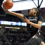 South Carolina guard Zia Cooke (1) leaps for a layup-attempt during the first half of an NCAA college basketball game against Mississippi in Oxford, Miss., Sunday, Feb. 19, 2023. (AP Photo/Rogelio V. Solis)