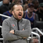 New York Knicks coach Tom Thibodeau shouts to players on the court during the first half of the team's NBA basketball game against the Orlando Magic, Tuesday, Feb. 7, 2023, in Orlando, Fla. (AP Photo/John Raoux)