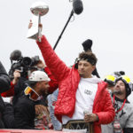 
              Patrick Mahomes takes part in the Kansas City Chiefs' victory celebration and parade in Kansas City, Mo., Wednesday, Feb. 15, 2023, following the Chiefs' win over the Philadelphia Eagles Sunday in the NFL Super Bowl 57 football game. (AP Photo/Colin E. Braley)
            