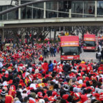 
              The Kansas City Chiefs' parade arrives for their victory rally in Kansas City, Mo., Wednesday, Feb. 15, 2023. The Chiefs defeated the Philadelphia Eagles in the NFL Super Bowl 57 football game. (AP Photo/Reed Hoffmann)
            