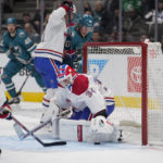 
              Montreal Canadiens goaltender Jake Allen (34) makes a save against the San Jose Sharks during the first period of an NHL hockey game in San Jose, Calif., Tuesday, Feb. 28, 2023. (AP Photo/Godofredo A. Vásquez)
            